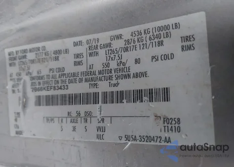 2019 Ford F-250 Xl из США, поврежденный, VIN 1FT7W2B66KEF83433